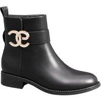IVACHY Women's Crystal Diamond Buckle Fur Lining Interior Zip Closure Flat Ankle Boots in Black | Size: 4