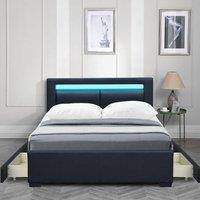 Modish Furnishing Tokyo LED Bluetooth Double Black Bed Frame With 4 Drawer Storage