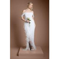 Coast Women's Sequin Embellished Feather Trim Draped Bardot Maxi Wedding Dress in Ivory | Size: 8