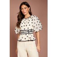 Coast Women's Puff Sleeve Polka Dot 2 In 1 Jumpsuit in Beige | Size: 12