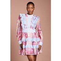 Coast Women's Printed Long Sleeve Lace Trim Mini Dress in Pink | Size: 8