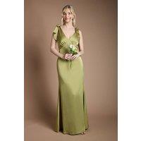 Coast Women's Honoured Satin Back Crepe V Neck Tie Shoulder Maxi Bridesmaid Dress in Olive | Size: 16