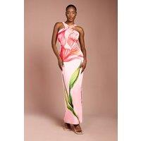 Coast Women's Large Scale Floral Placement Print Halter Neck Pencil Dress in Coral | Size: 8