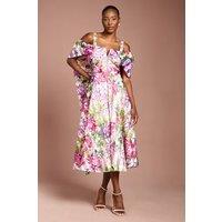 Coast Women's Lisa Tan Printed Organza Bardot Midi Dress in Pink | Size: 12