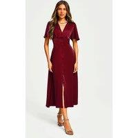 FS Collection Women's V neckline Button Detail Satin Midi Dress in Wine | Size: Small