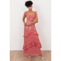 Maya Deluxe Women's Embellished Ruffle Maxi Dress in Pink | Size: 18