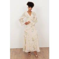 Maya Deluxe Women's Embellished Long Sleeve Ruffle Maxi Dress in Nude | Size: 10