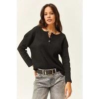 HOXTON GAL Women's Regular Fit Buttoned Fleece-Lined Loose Sweater in Black | Size: S/M