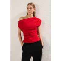 HOXTON GAL Women's Regular Fit Asymmetric Off-Shoulder Draped Knit Top with Gathered Details in Red | Size: XL