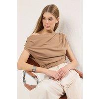 HOXTON GAL Women's Regular Fit Asymmetric Off-Shoulder Draped Knit Blouse in Stone | Size: Large