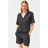 HOXTON GAL Women's Regular Fit Ribbed 2-Piece Set with Polo Top & Pocket Shorts in Dark Grey | Size: Small