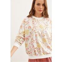 HOXTON GAL Women's Crew Neck Soft-Textured Sweatshirt with Print in Ecru | Size: Small