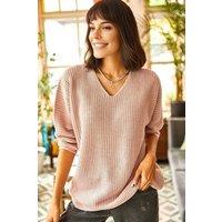HOXTON GAL Women's V-Neck Fisherman Rib Knit Jumper in Light Pink | Size: Small
