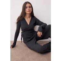 WOVCOR Women's 2-Piece Set Wrap Cotton Co-ord & Wide Leg Pants in Dark Grey | Size: Small