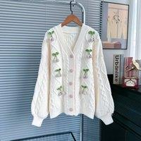 PEACH ACCESSORIES Women's Cable Knit Cardigan with Crochet Cherry Detail in Ivory