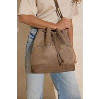 WOVCOR Women's Faux Suede Drawstring Bucket Bag with Zip Detail in Taupe