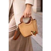 WOVCOR Women's Woven Mini Tote Bag with Ring Handle & Charm Detail in Beige