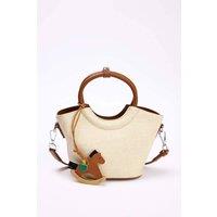 WOVCOR Women's Woven Mini Tote Bag with Ring Handle & Charm Detail in Ecru