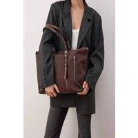 WOVCOR Women's Double Strap Zip Detail Tote Shoulder Bag in Brown