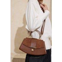 WOVCOR Women's Faux Suede Panel Mini Grab Bag with Push Lock Closure in Brown
