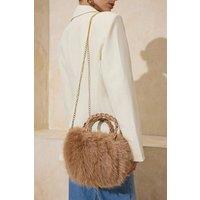WOVCOR Women's Faux Fur Gathered Shoulder Bag with Braided Handle in Camel