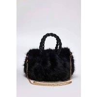 WOVCOR Women's Faux Fur Gathered Shoulder Bag with Braided Handle in Black