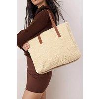 WOVCOR Women's Borg Sherpa Maxi Tote Bag with Contrast Strap in Beige