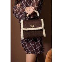 WOVCOR Women's Faux Suede Borg Trim Top Handle Satchel Bag with Turn Lock in Brown