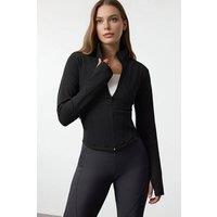 WOVCOR Women's Zip Up Thumbhole Sports Jacket with Ribbed Panel in Black | Size: Small