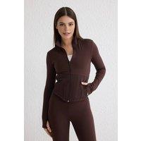 WOVCOR Women's Zip Up Thumbhole Sports Jacket with Ribbed Panel in Brown | Size: XS