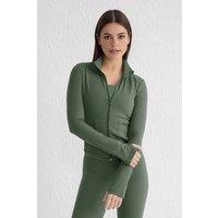 WOVCOR Women's Zip Up Thumbhole Sports Jacket with Ribbed Panel in Khaki | Size: XS