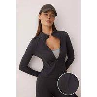 WOVCOR Women's Ribbed Sleeve Zip Up Sports Jacket with Stand Collar in Dark Grey | Size: Small