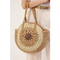 WOVCOR Women's Crochet Straw Round Beach Tote Bag with Contrast Centre in Camel