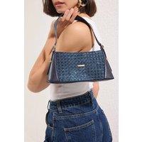 WOVCOR Women's Woven Panel Shoulder Bag with Gold Hardware in Navy