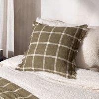 Yard Beni Check 100% Cotton Fringed Cushion in Green | Size: 45 cm x 45 cm
