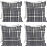 OHS Woven Check Cushion Covers Tartan Pack of 4 Filled Case Pad Set in Charcoal | Size: 45 cm x 45 cm