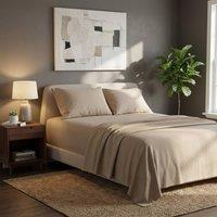 Snug City Soft Plain Brushed Cotton Fitted Flat Sheet Matching Pillowcases Set in Beige | Size: Single