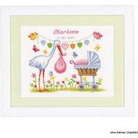 Vervaco Counted Cross Stitch Kit: Birth Record: Stork & Pram