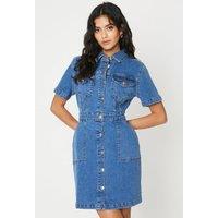 Dorothy Perkins Women's Petite Denim Short Sleeve Mini Dress in Mid Wash | Size: 12