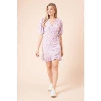 Dorothy Perkins Women's Floral Puff Sleeve Mini Jersey Wrap Dress in Lilac | Size: 12