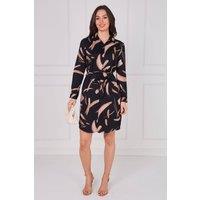 Love Sunshine Women's Black & Caramel Painterly Print Belted Shirt Dress | Size: 14