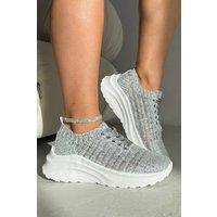 Love Lemonade Women's Flex Cloud Knit Mesh Lace-Up Chunky Trainers in Silver | Size: 5