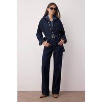 WOVCOR Women's Button Front Belted Wide Leg Denim Jumpsuit in Dark Blue | Size: 14