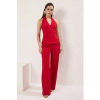WOVCOR Women's Halterneck V-Neck Wide Leg Woven Jumpsuit in Red | Size: 6