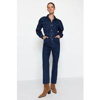 WOVCOR Women's Button Front Collared Balloon Sleeve Denim Boilersuit in Navy | Size: 6