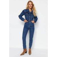 WOVCOR Women's Stitch Detail Collared Long Sleeve Tapered Denim Jumpsuit in Blue | Size: 6