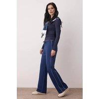 WOVCOR Women's Contrast Piping Drawstring Wide Leg Knit Joggers in Navy | Size: Small