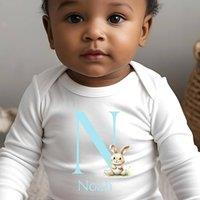 Aye Do Gifts Boy's Personalised Blue Initial Baby Bunny Babygrow in White | Size: 6-12 m