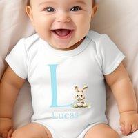 Aye Do Gifts Boy's Personalised Blue Initial Baby Bunny Vest in White | Size: Newborn