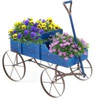 Gymax Wood Wagon Flower Planter Backyard Decorative Pot Stand With Wheels in Blue